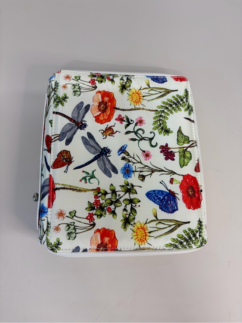Floral & Dragonfly Print White Zip pencil organizer